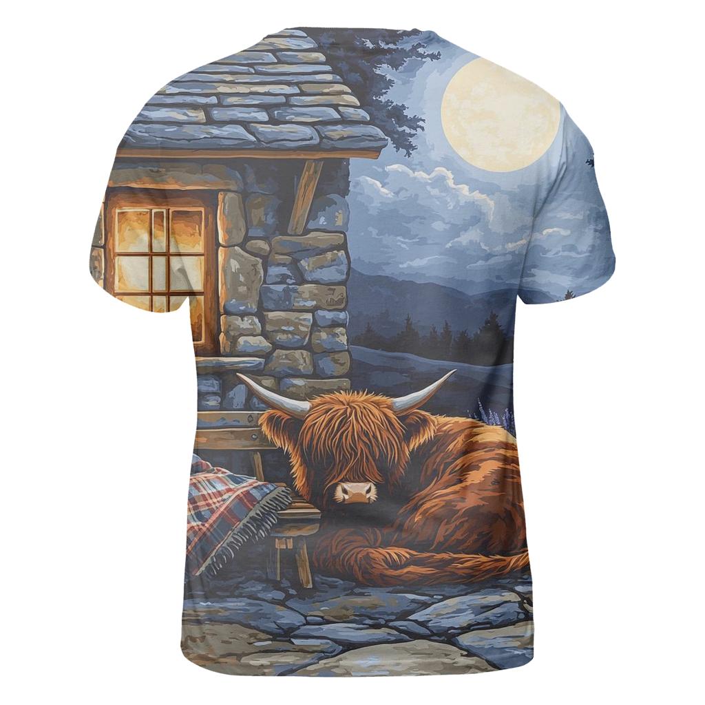 Moonlit Bothy Porch Highland Cow unique graphic print tees