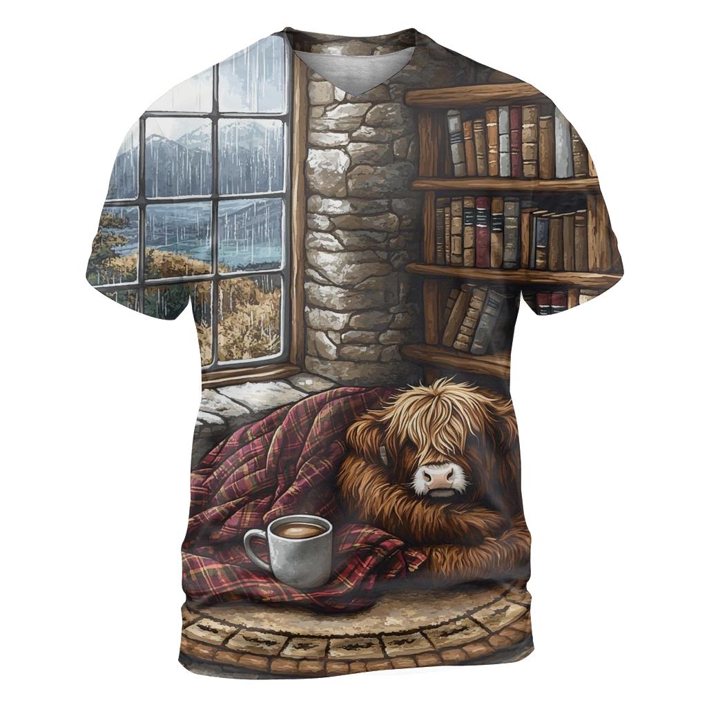 Cozy Book Nook Highland Cow designer pattern shirts