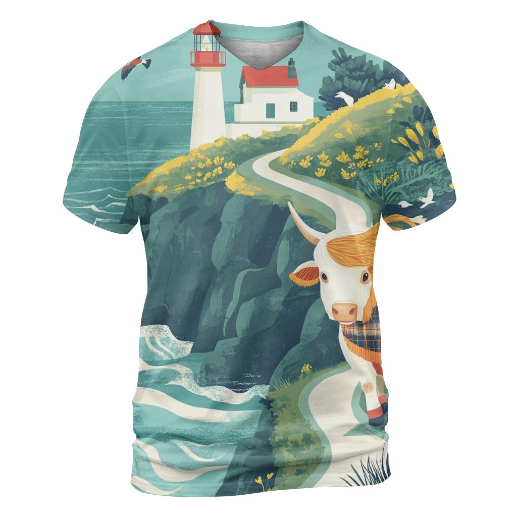 Highland Cow And The Lighthouse Cliff Path creative print fashion shirts