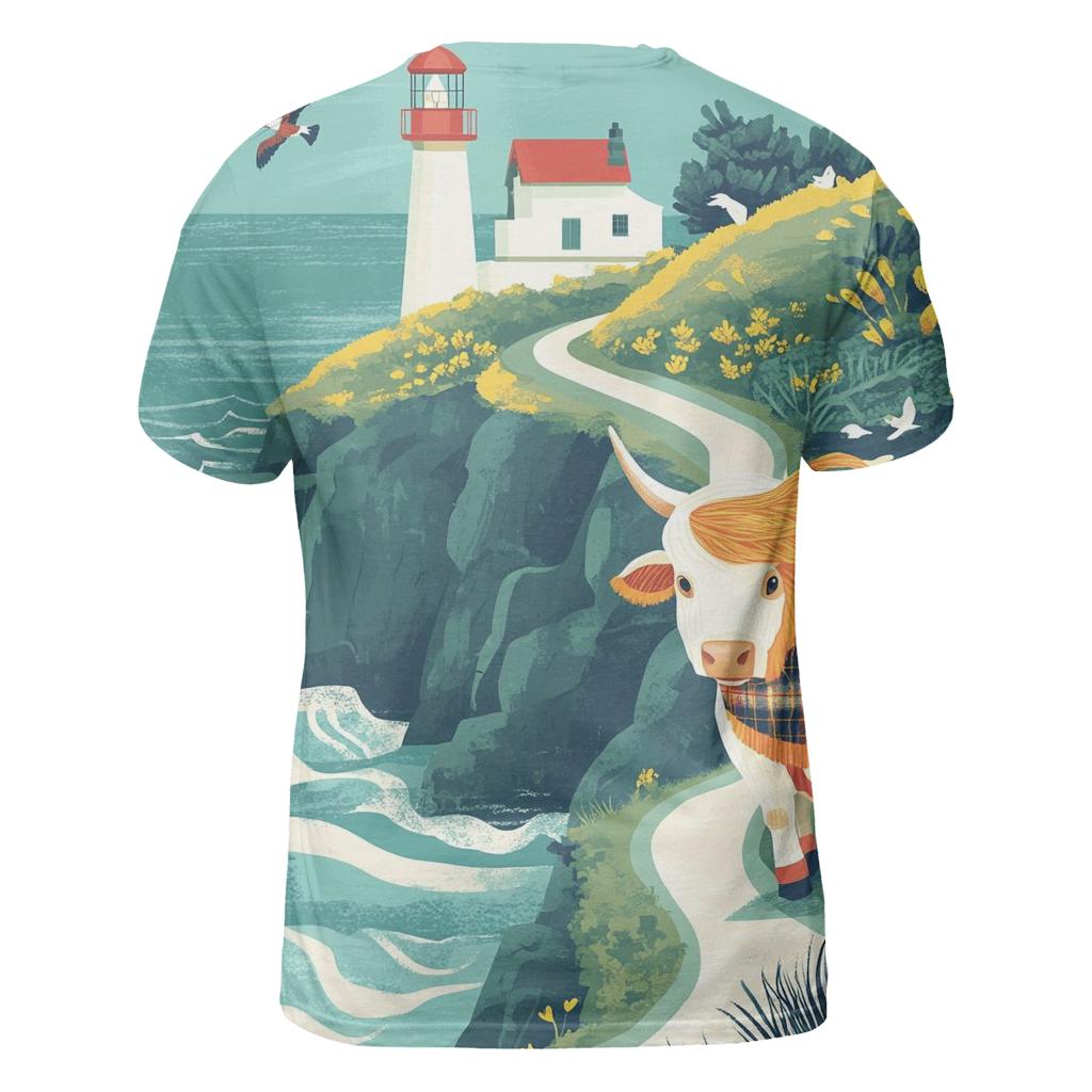 Highland Cow And The Lighthouse Cliff Path creative print fashion shirts