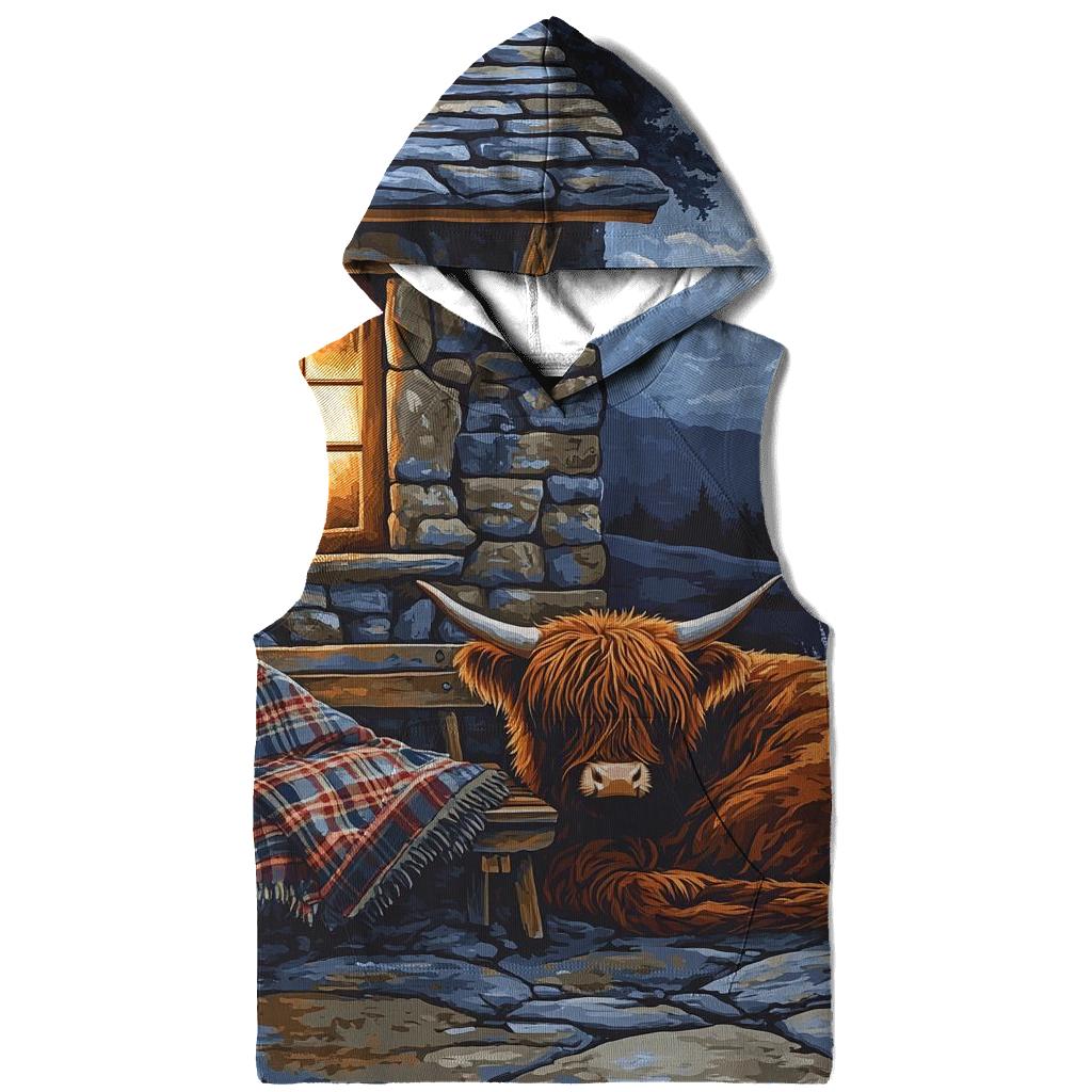 Moonlit Bothy Porch Highland Cow lightweight hoodies