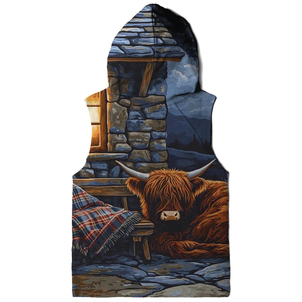 Moonlit Bothy Porch Highland Cow lightweight hoodies
