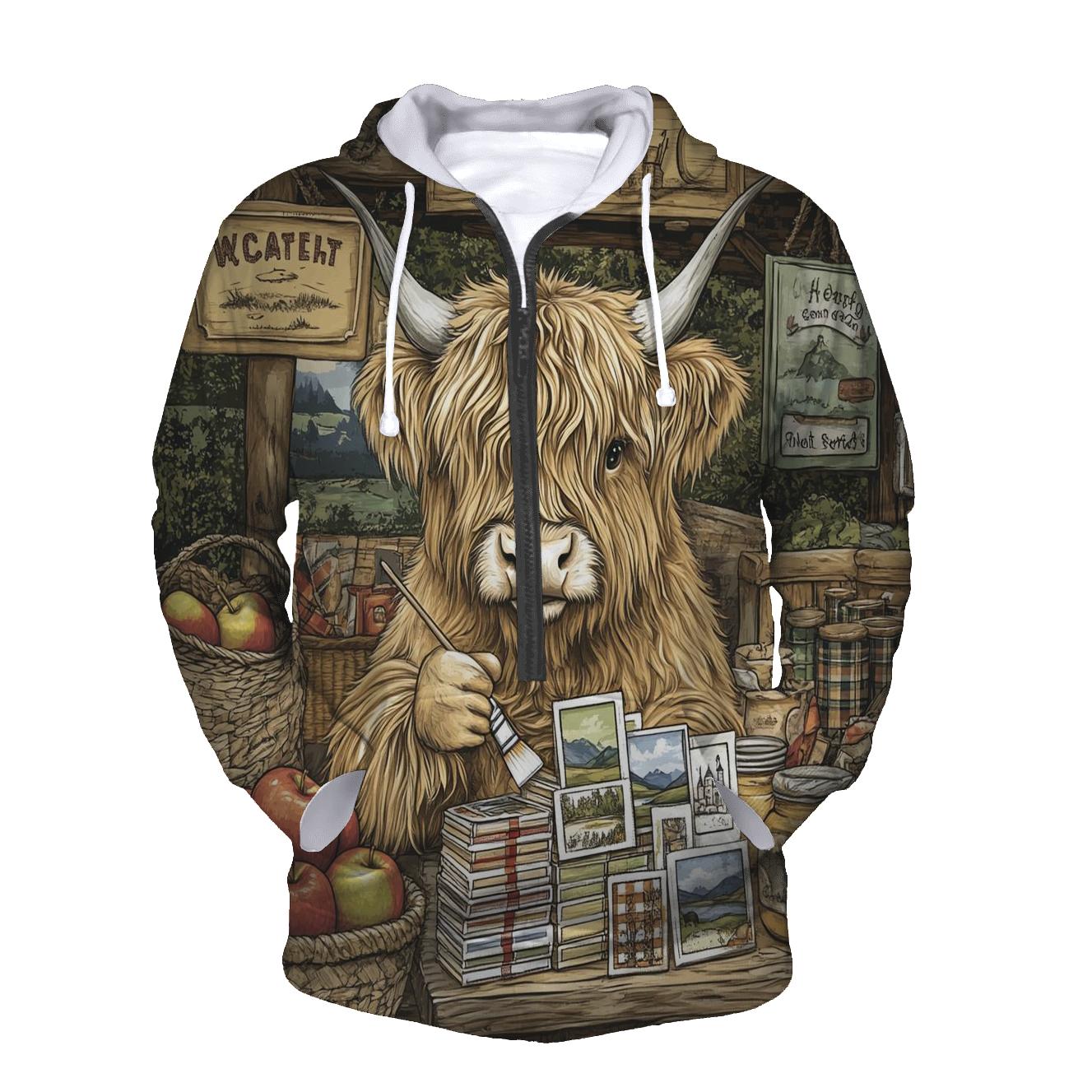 Highland Cow Postcard Painter At The Market printed hoodies