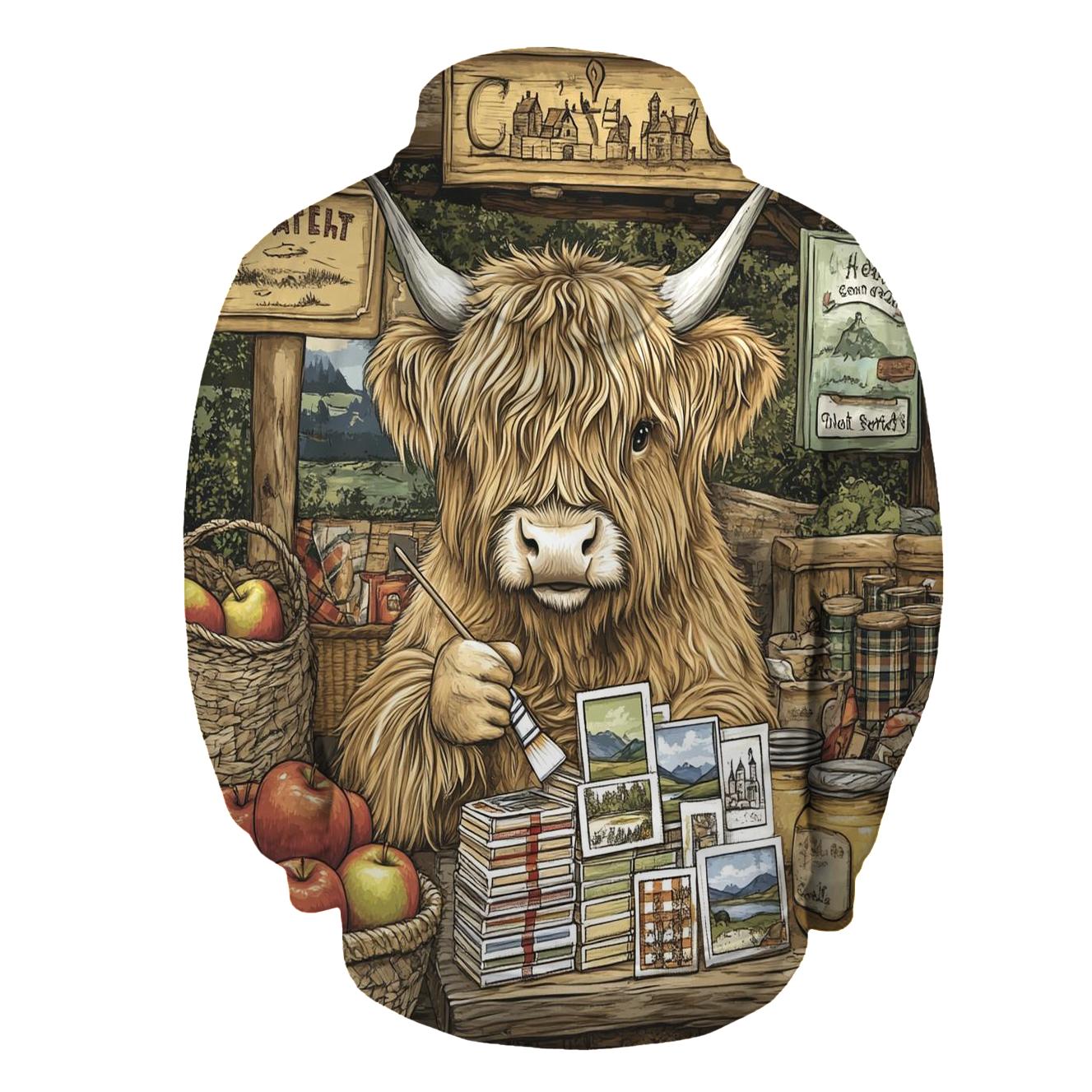 Highland Cow Postcard Painter At The Market printed hoodies
