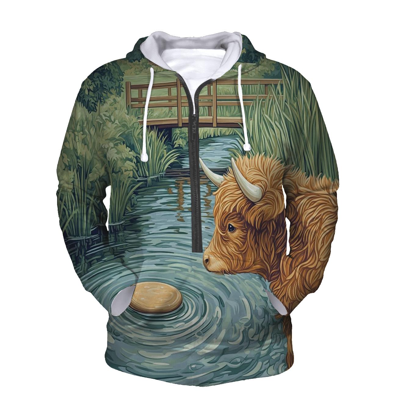 Highland Cow Riverstone Skipping Lesson zip-up hoodies