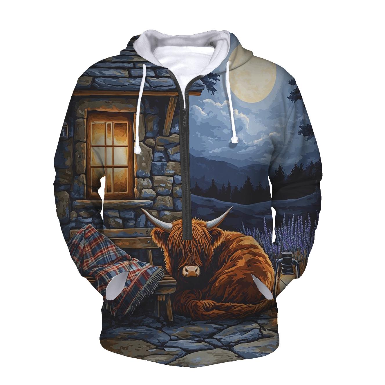 Moonlit Bothy Porch Highland Cow hoodie trends