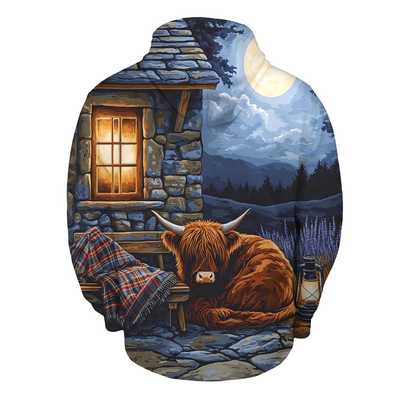 Moonlit Bothy Porch Highland Cow hoodie trends