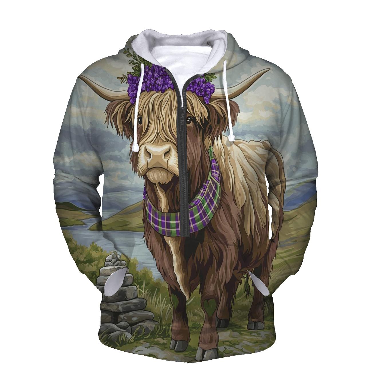 Highland Cow With Heather Crown Ceremony embroidered hoodies