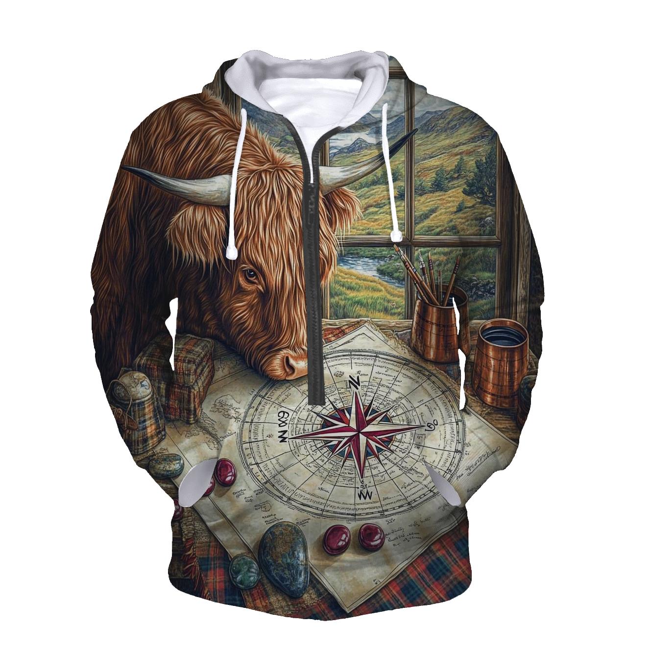 Highland Cow Compass Rose Mapmaker premium hoodies