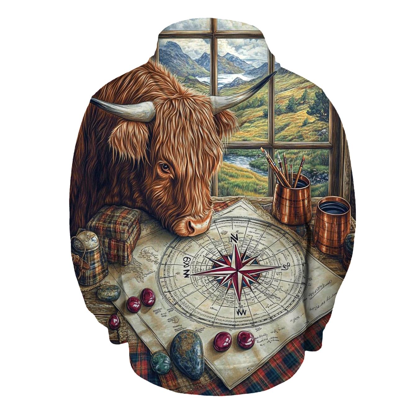 Highland Cow Compass Rose Mapmaker premium hoodies