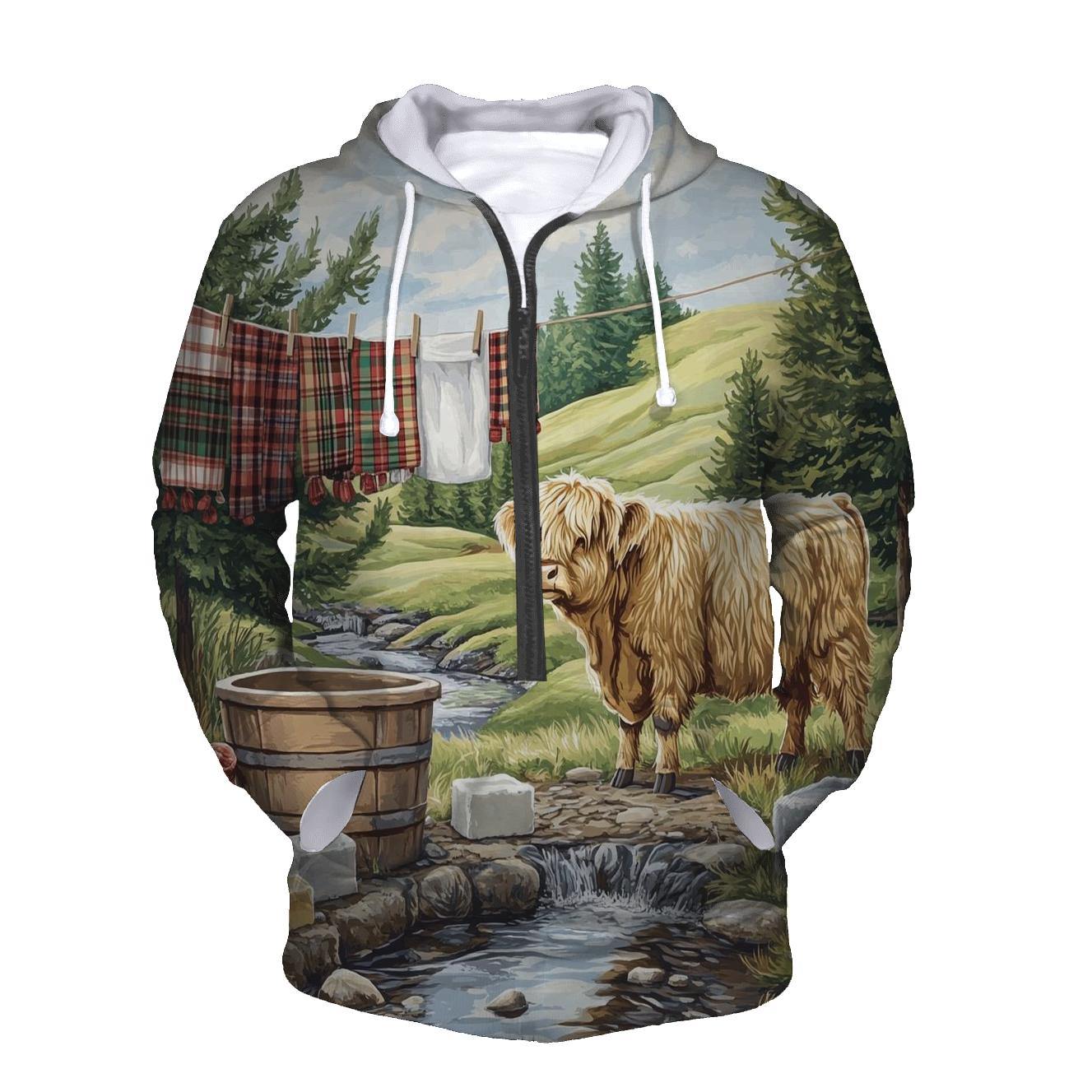 Highland Cow Watercolor Wash Day Line designer hoodies