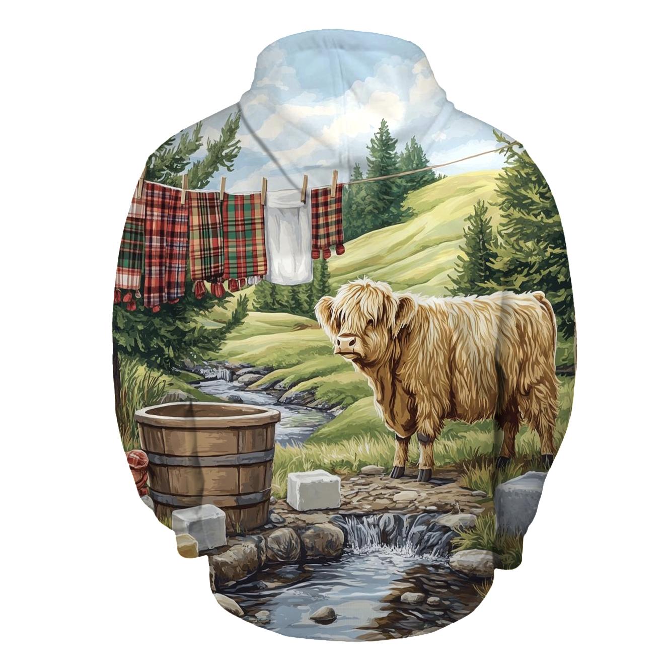 Highland Cow Watercolor Wash Day Line designer hoodies