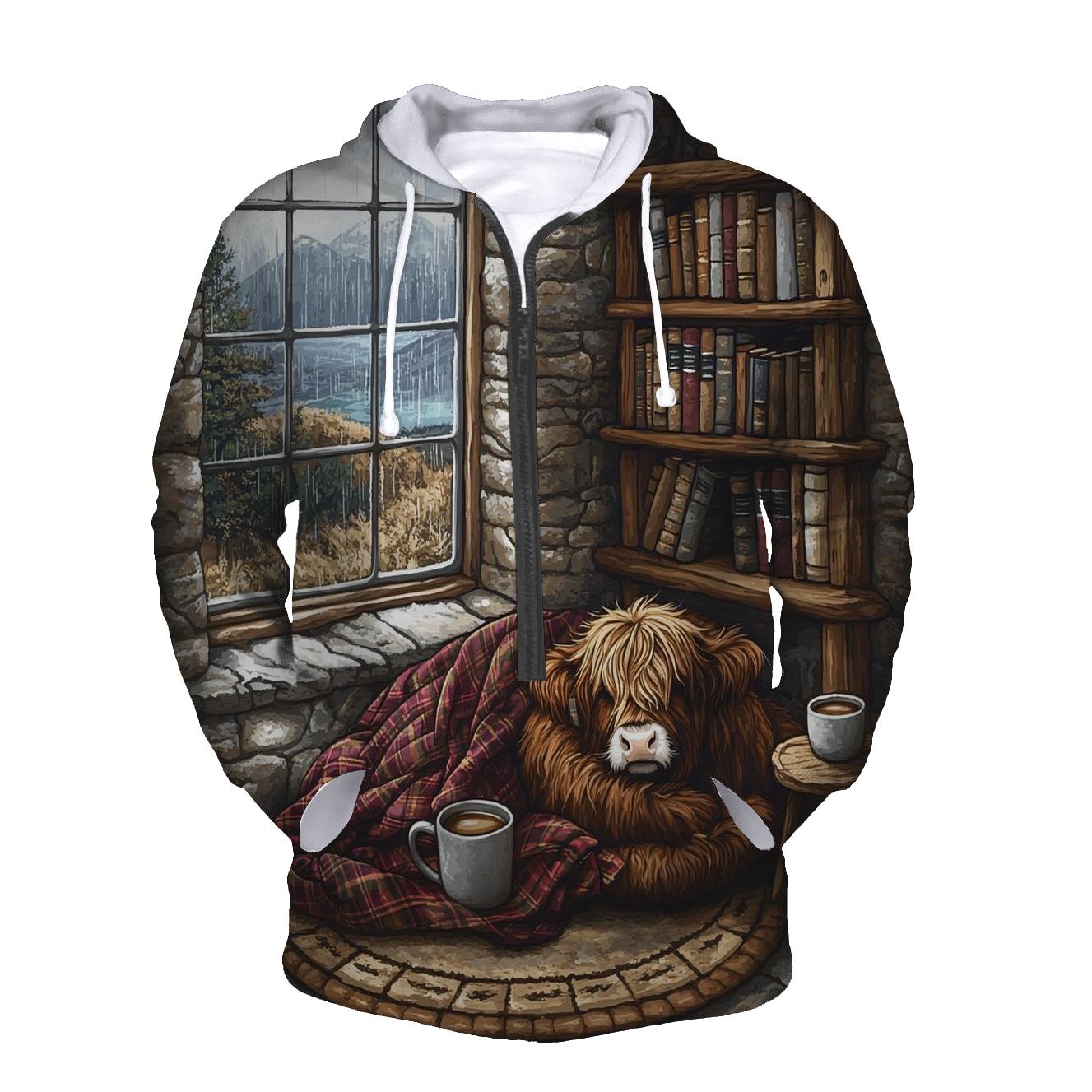 Cozy Book Nook Highland Cow embroidered hoodies