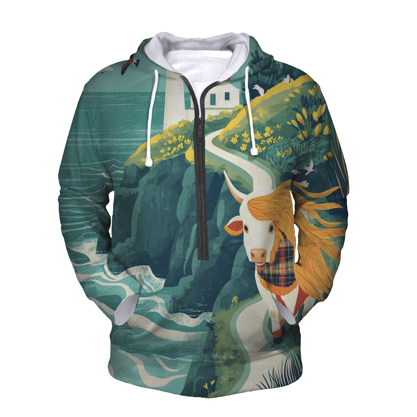 Highland Cow And The Lighthouse Cliff Path hoodie designs