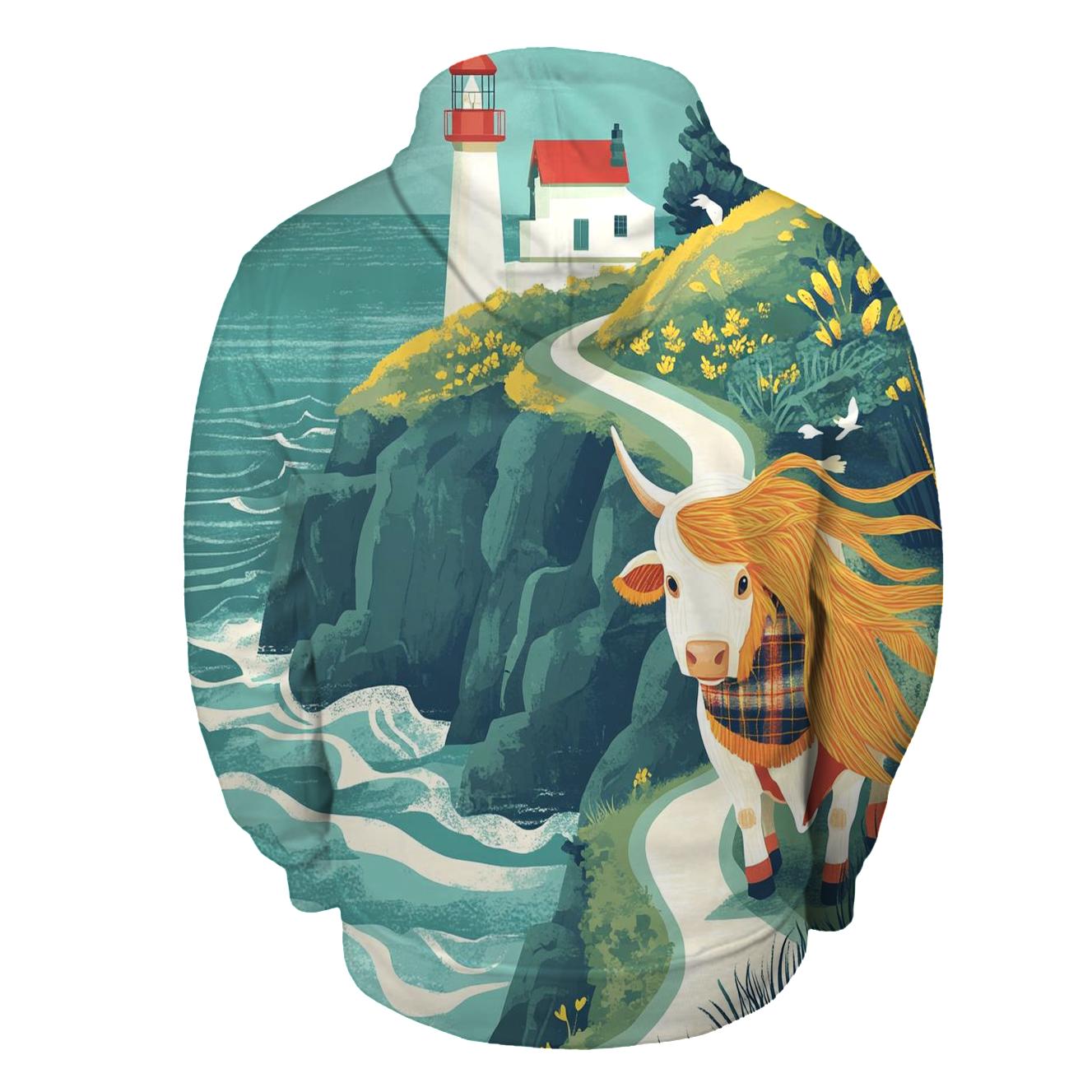 Highland Cow And The Lighthouse Cliff Path hoodie designs