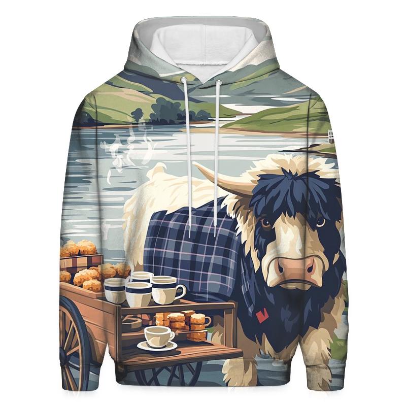Tea Cart By The Loch With Highland Cow printed hoodies
