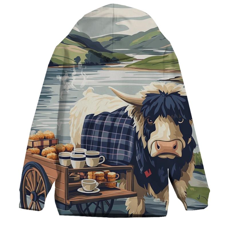 Tea Cart By The Loch With Highland Cow printed hoodies