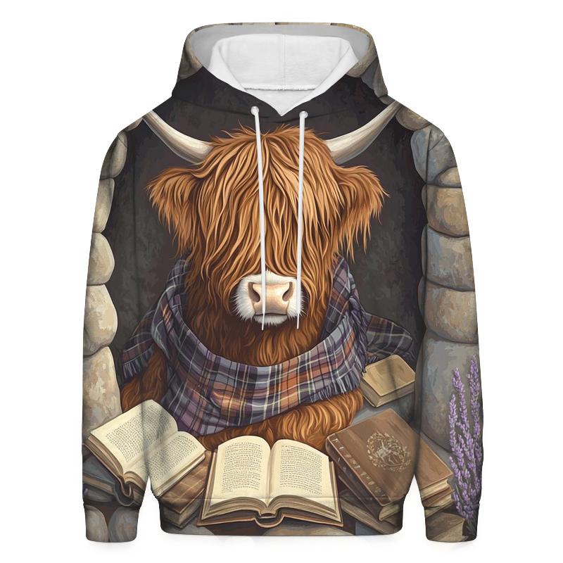 Highland Cow In The Stone Circle Library pullover hoodies
