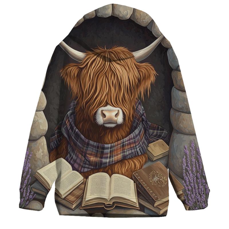 Highland Cow In The Stone Circle Library pullover hoodies