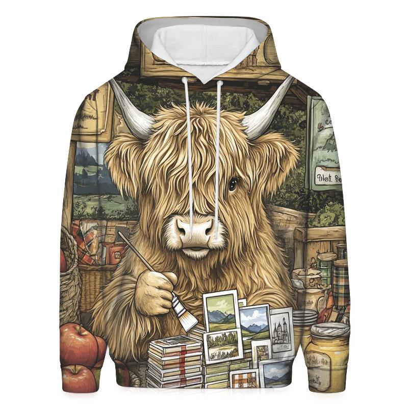 Highland Cow Postcard Painter At The Market heavyweight hoodies
