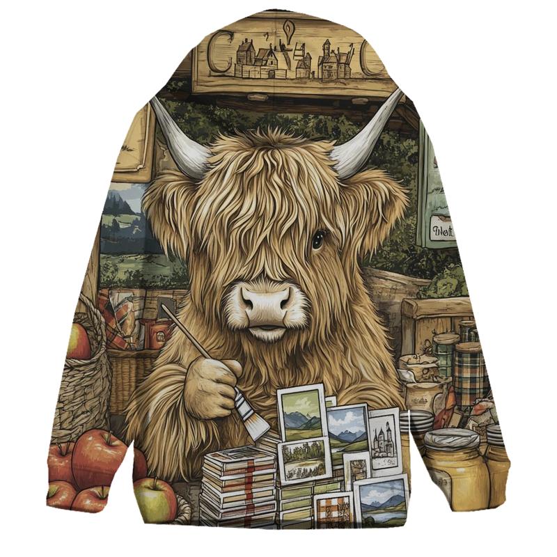 Highland Cow Postcard Painter At The Market heavyweight hoodies