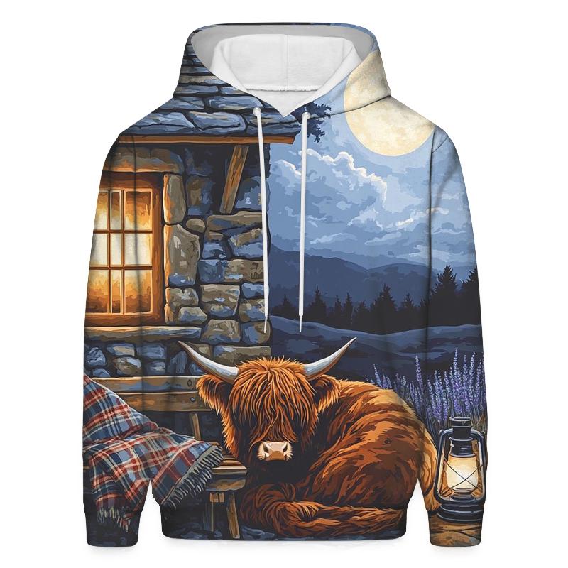 Moonlit Bothy Porch Highland Cow hoodie styles
