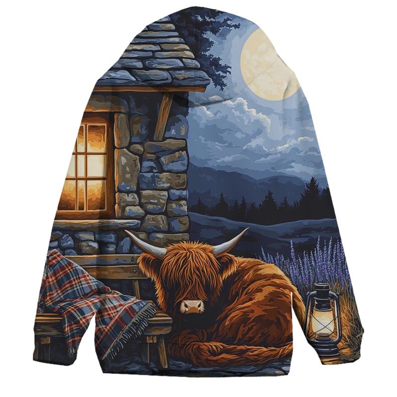 Moonlit Bothy Porch Highland Cow hoodie styles