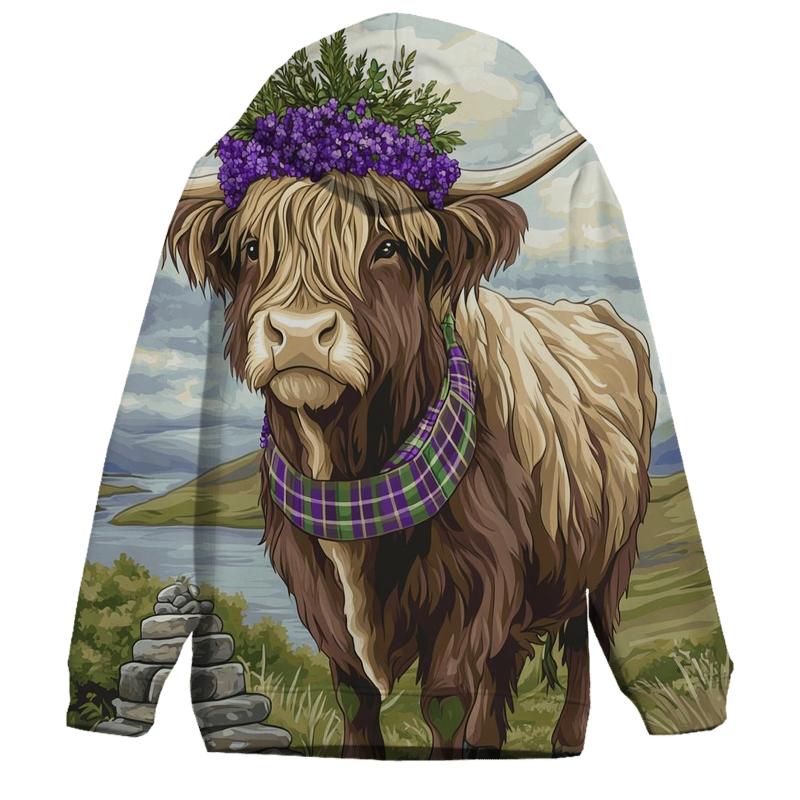 Highland Cow With Heather Crown Ceremony zip-up hoodies