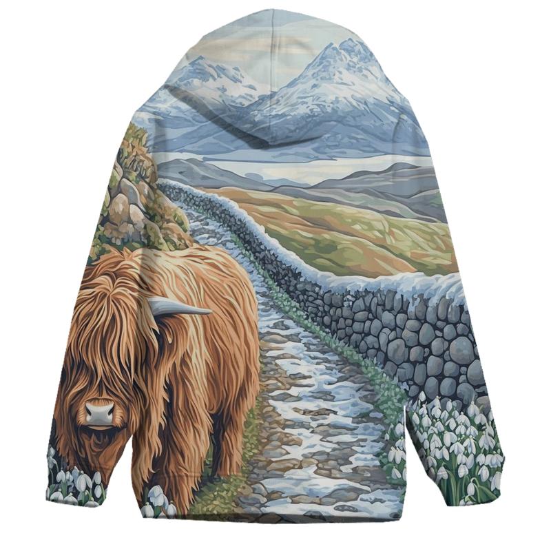 Highland Cow Snowdrop Path Guardian embroidered hoodies