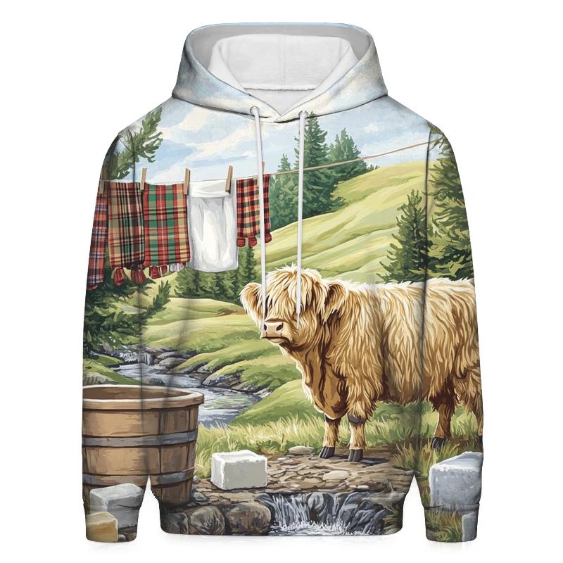 Highland Cow Watercolor Wash Day Line hoodie trends
