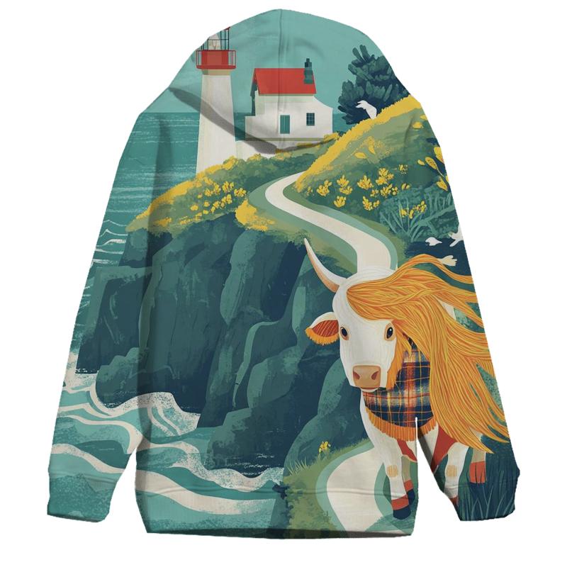 Highland Cow And The Lighthouse Cliff Path premium hoodies