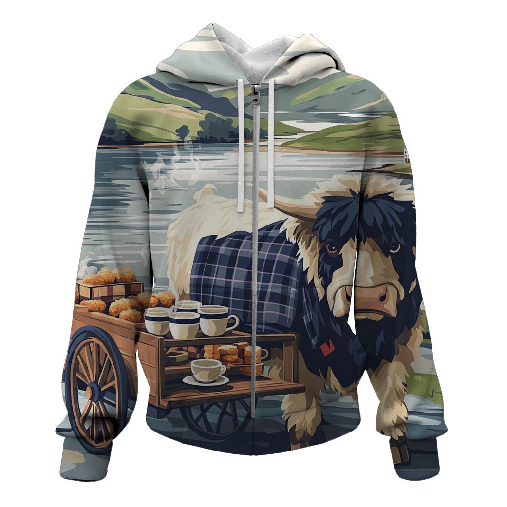 Tea Cart By The Loch With Highland Cow pullover hoodies