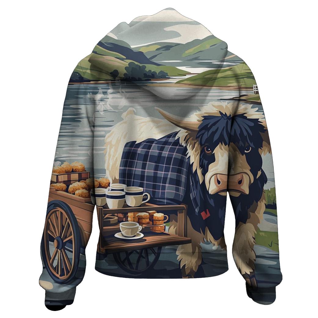 Tea Cart By The Loch With Highland Cow pullover hoodies