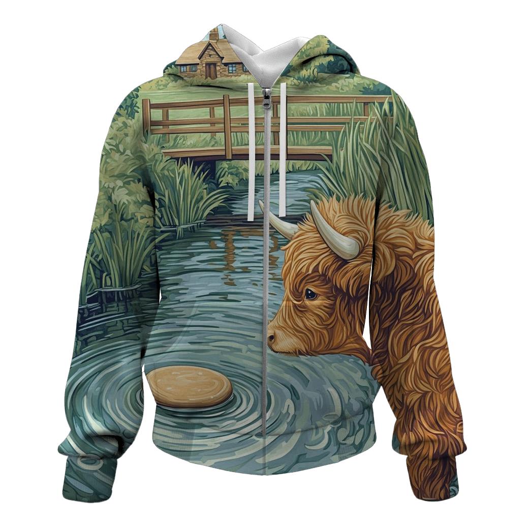 Highland Cow Riverstone Skipping Lesson graphic hoodies