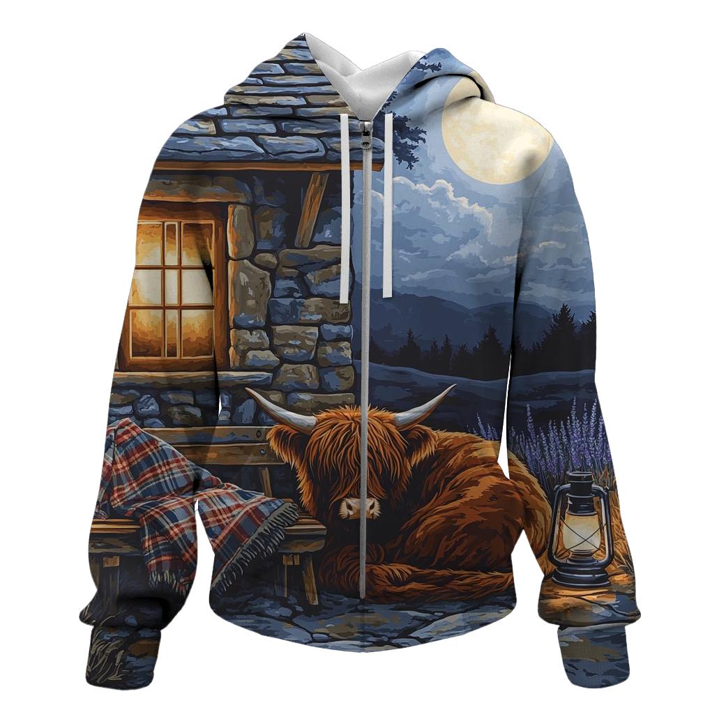 Moonlit Bothy Porch Highland Cow graphic hoodies