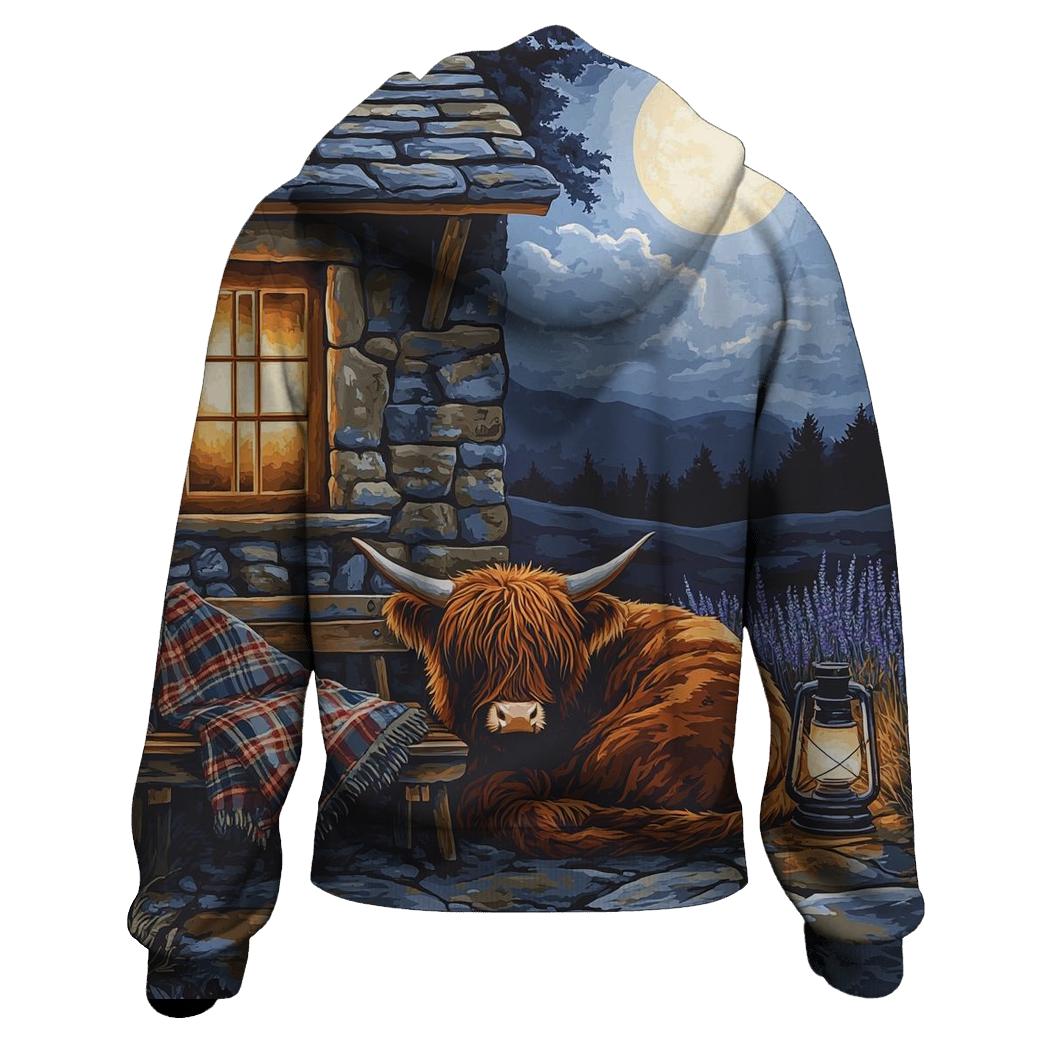 Moonlit Bothy Porch Highland Cow graphic hoodies