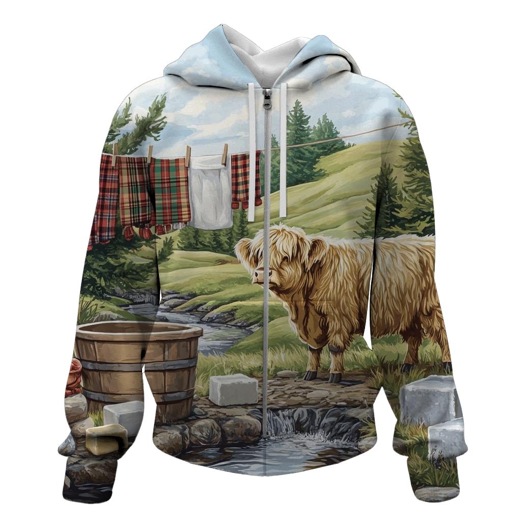 Highland Cow Watercolor Wash Day Line hoodie designs