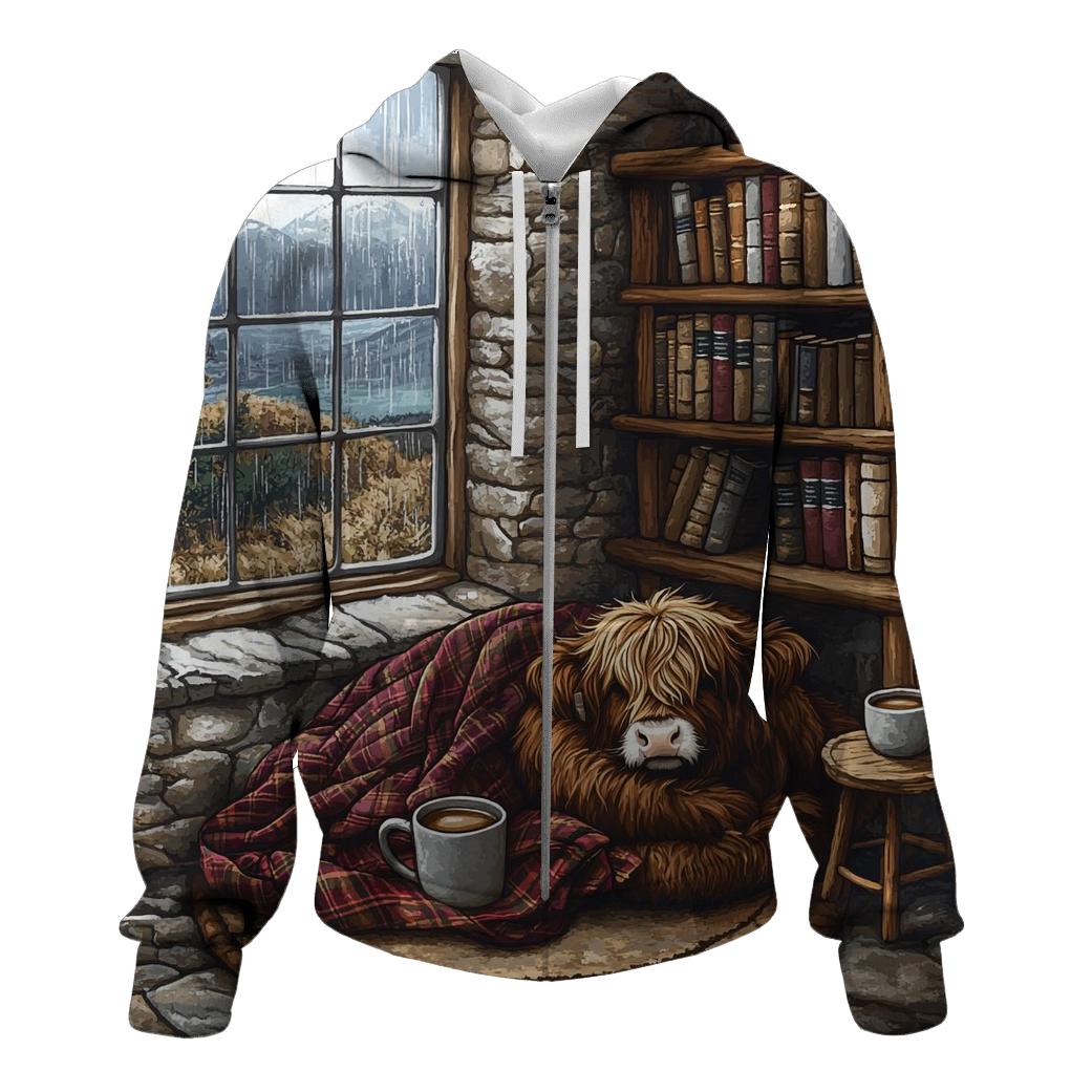 Cozy Book Nook Highland Cow printed hoodies
