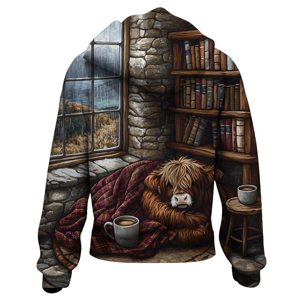 Cozy Book Nook Highland Cow printed hoodies