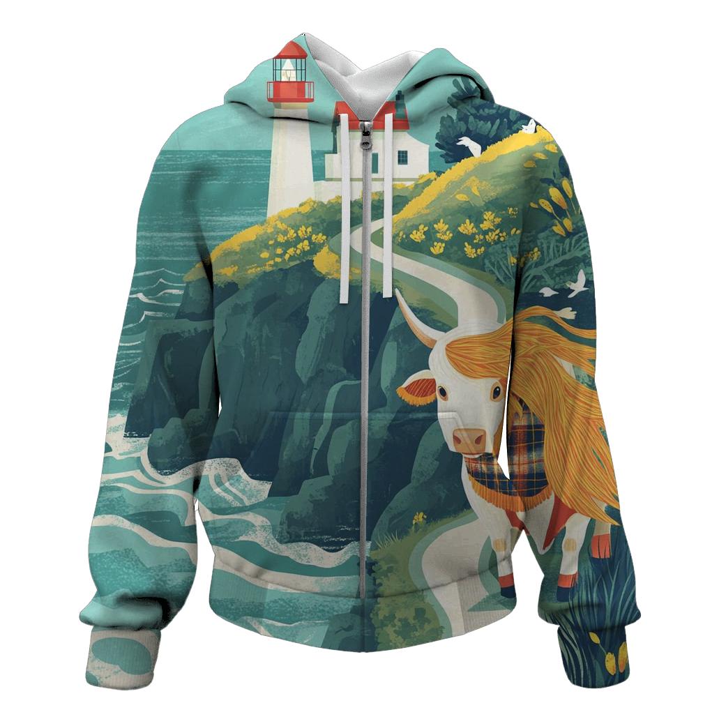 Highland Cow And The Lighthouse Cliff Path hoodie styles