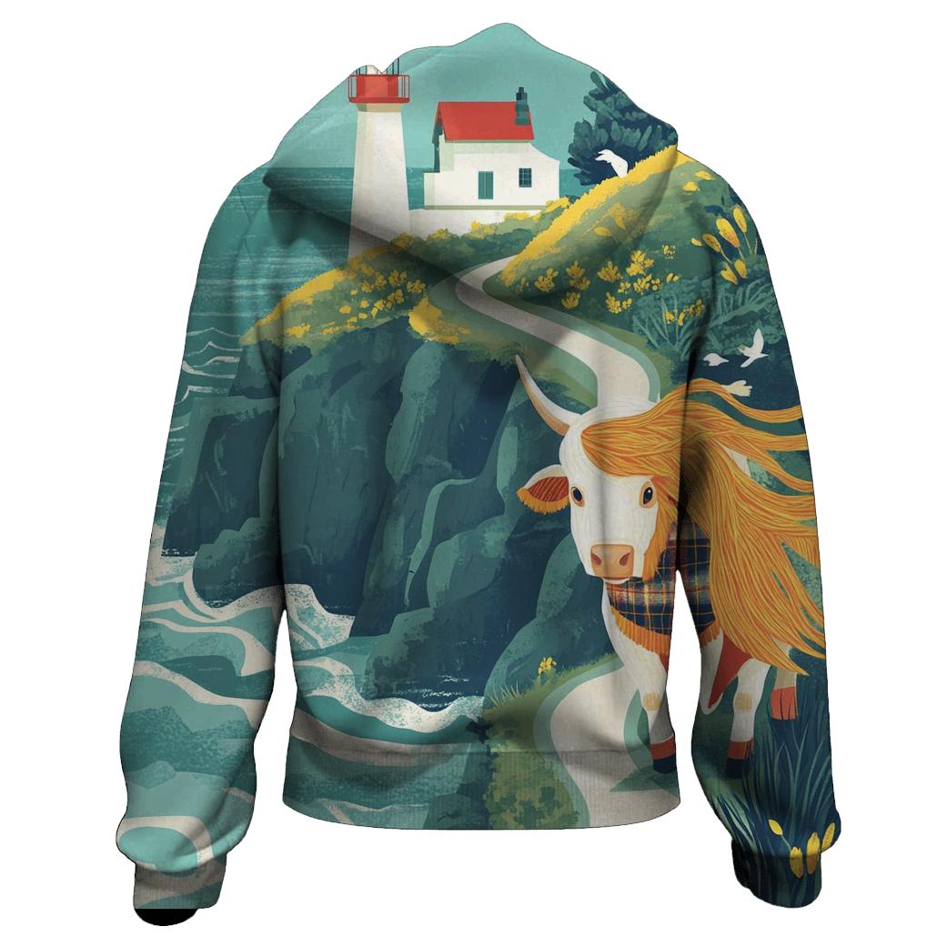 Highland Cow And The Lighthouse Cliff Path hoodie styles
