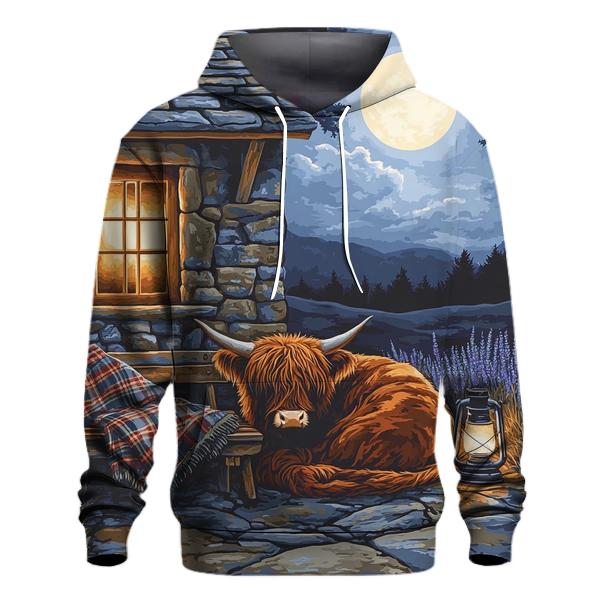 Moonlit Bothy Porch Highland Cow printed hoodies