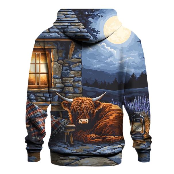 Moonlit Bothy Porch Highland Cow printed hoodies