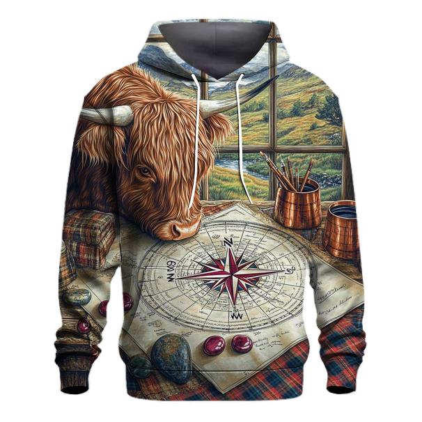 Highland Cow Compass Rose Mapmaker printed hoodies
