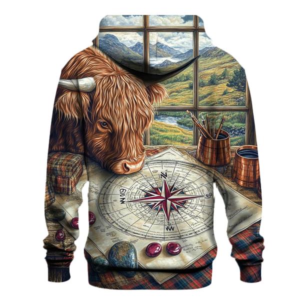 Highland Cow Compass Rose Mapmaker printed hoodies