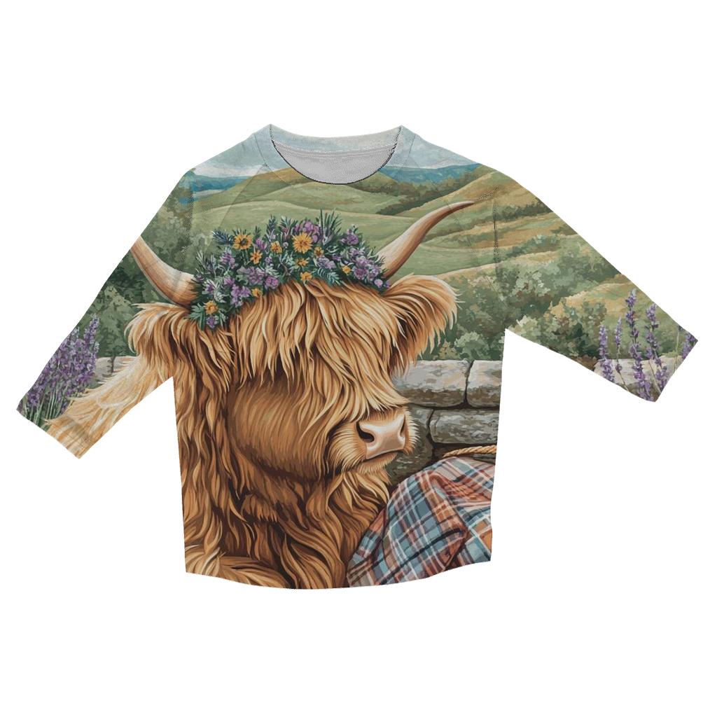 Highland Cow With Heather Crown Picnic custom 3/4 sleeve shirts