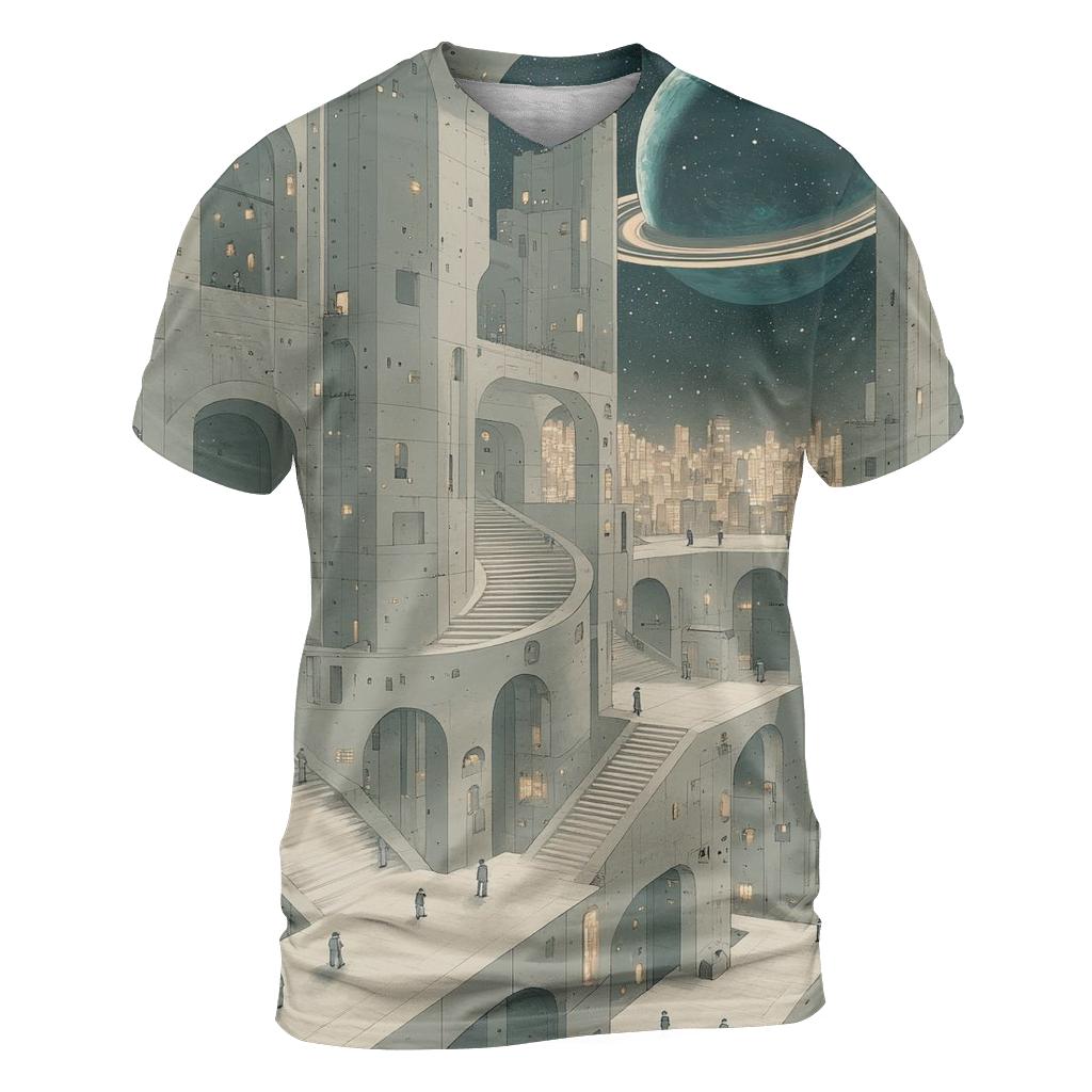 Mc Escher Inspired Stairways Of A Futuristic Spaceport City vibrant all-over design tees