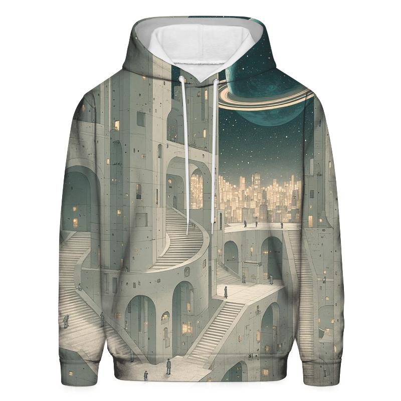 Mc Escher Inspired Stairways Of A Futuristic Spaceport City hoodie designs