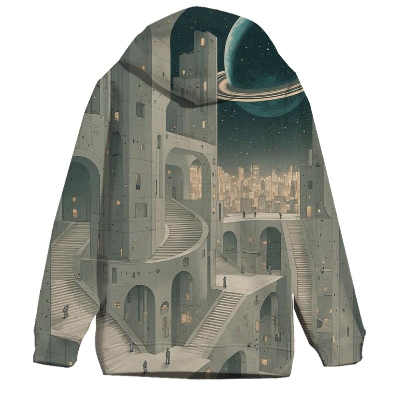 Mc Escher Inspired Stairways Of A Futuristic Spaceport City hoodie designs