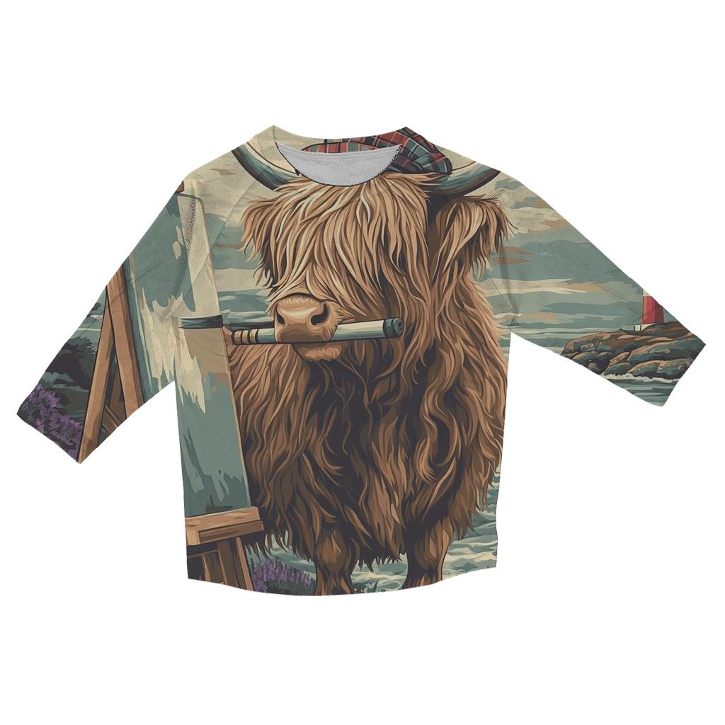 Clifftop Sketcher Highland Cow casual three quarter sleeve shirts